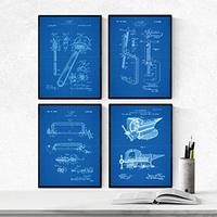 POSTER Set mit 4 BLAU Patenten Werkzeuge 2 A4 Schwarzer Rahmen - Schwarz, Papier (29.7/3cm) - Nacnic
