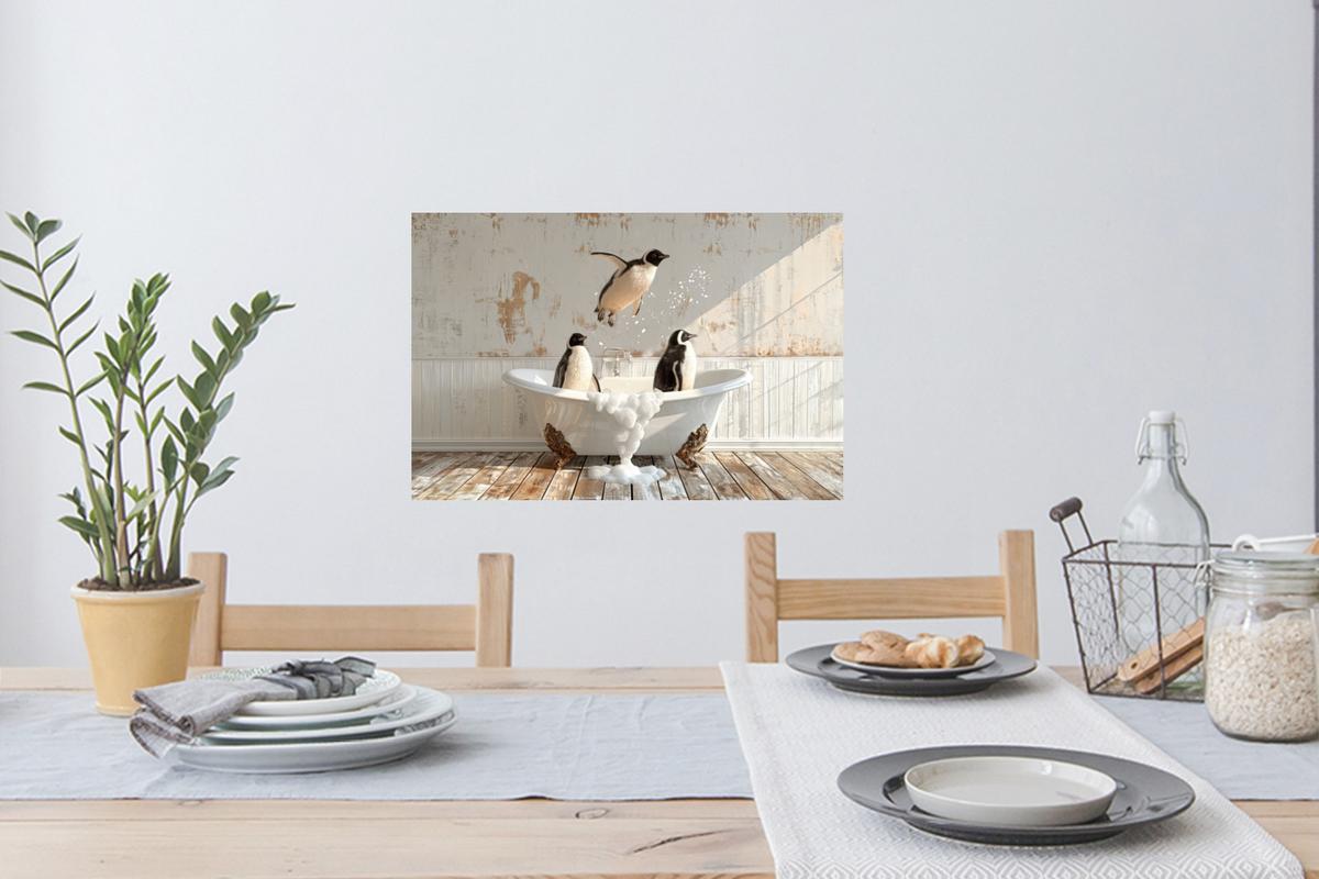 WANDTATTOO Vintage - Pinguin - Badewanne - Schaumstoff Deko Wohnzimmer 60x40 cm - Schwarz, Kunststoff (60/40/0.1cm) - MuchoWow