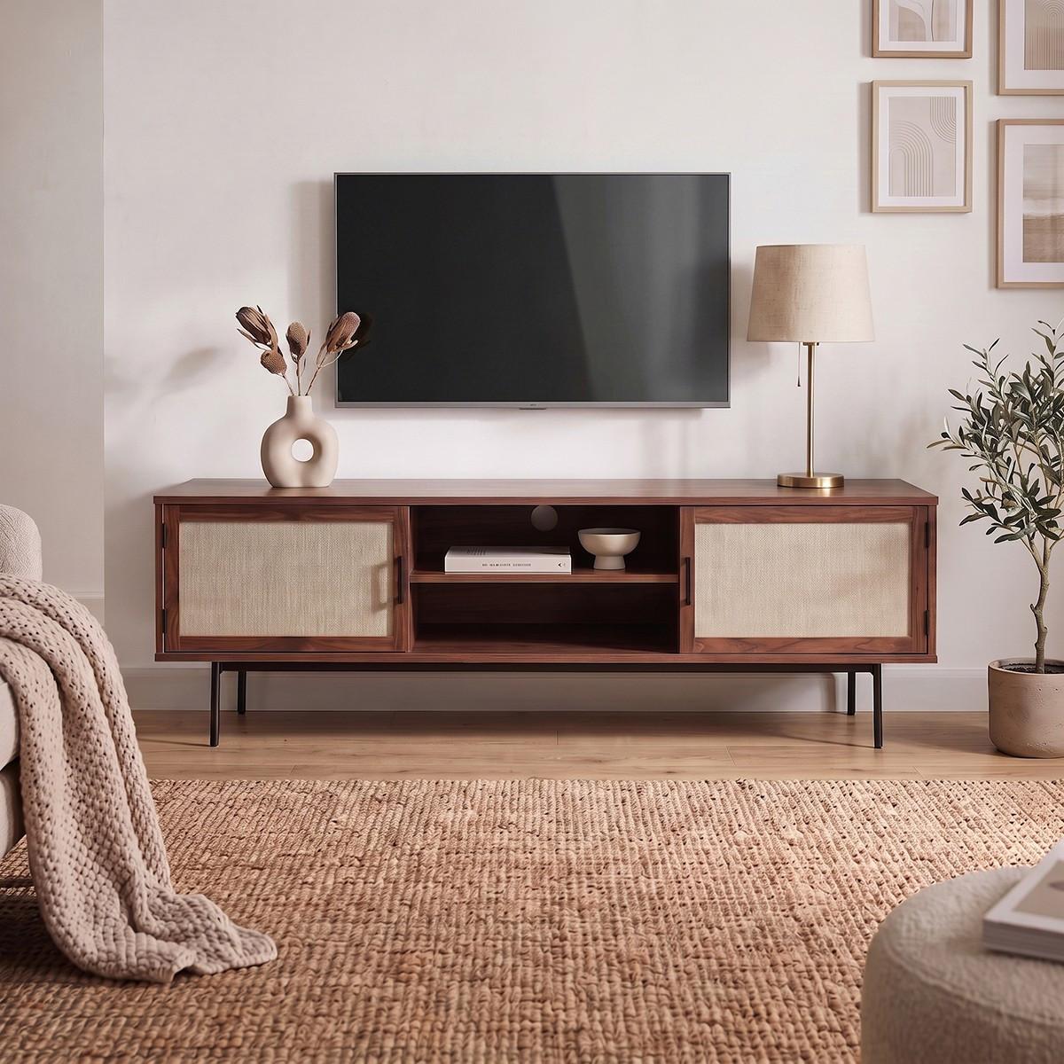 TV-MÖBEL in walnussdekor mit fronten aus stoff jetson 39,5/45/140 cm - Nussbaumfarben, Holzwerkstoff (39.5/45/47.5cm) - Calicosy