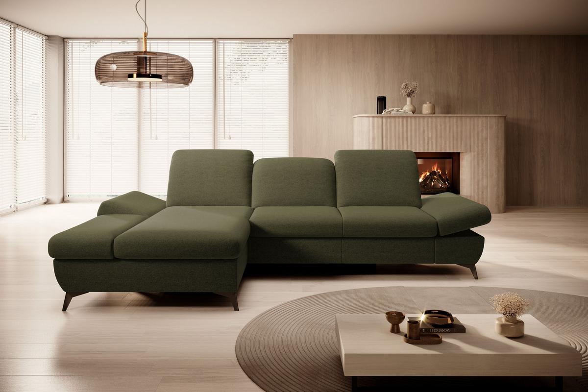 ECKSOFA FELICE L-S Olivgrün Geflochtener Stoff mit Schlaffunktion - Olivgrün, Holz (284/166cm) - MASSENO