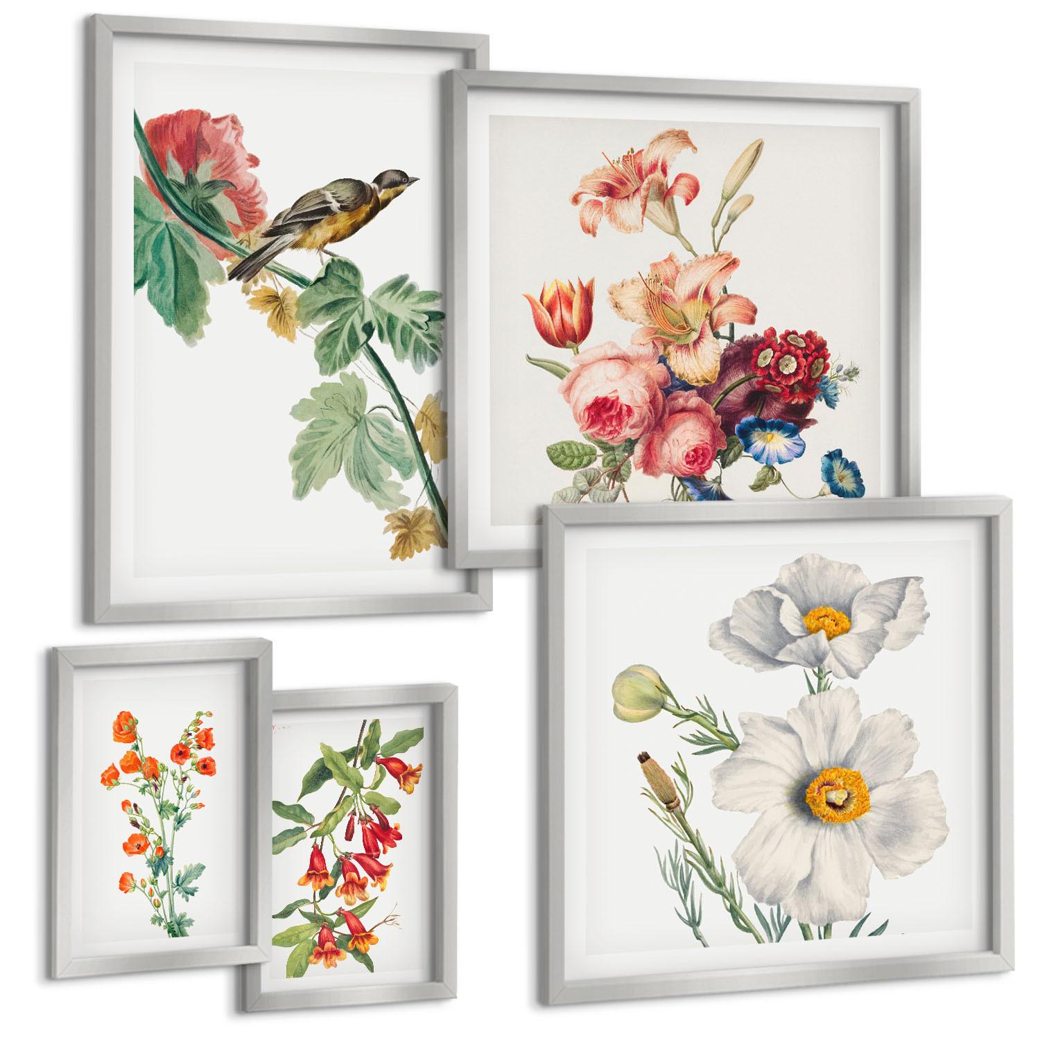 BILDER SET 5er Set - 50x50 cm & 20x30 cm & 40x60 cm Silberner Rahmen - Gemalte Blumen, Retro-Vogel - Silberfarben, Kunststoff (40/60cm) - TULUP