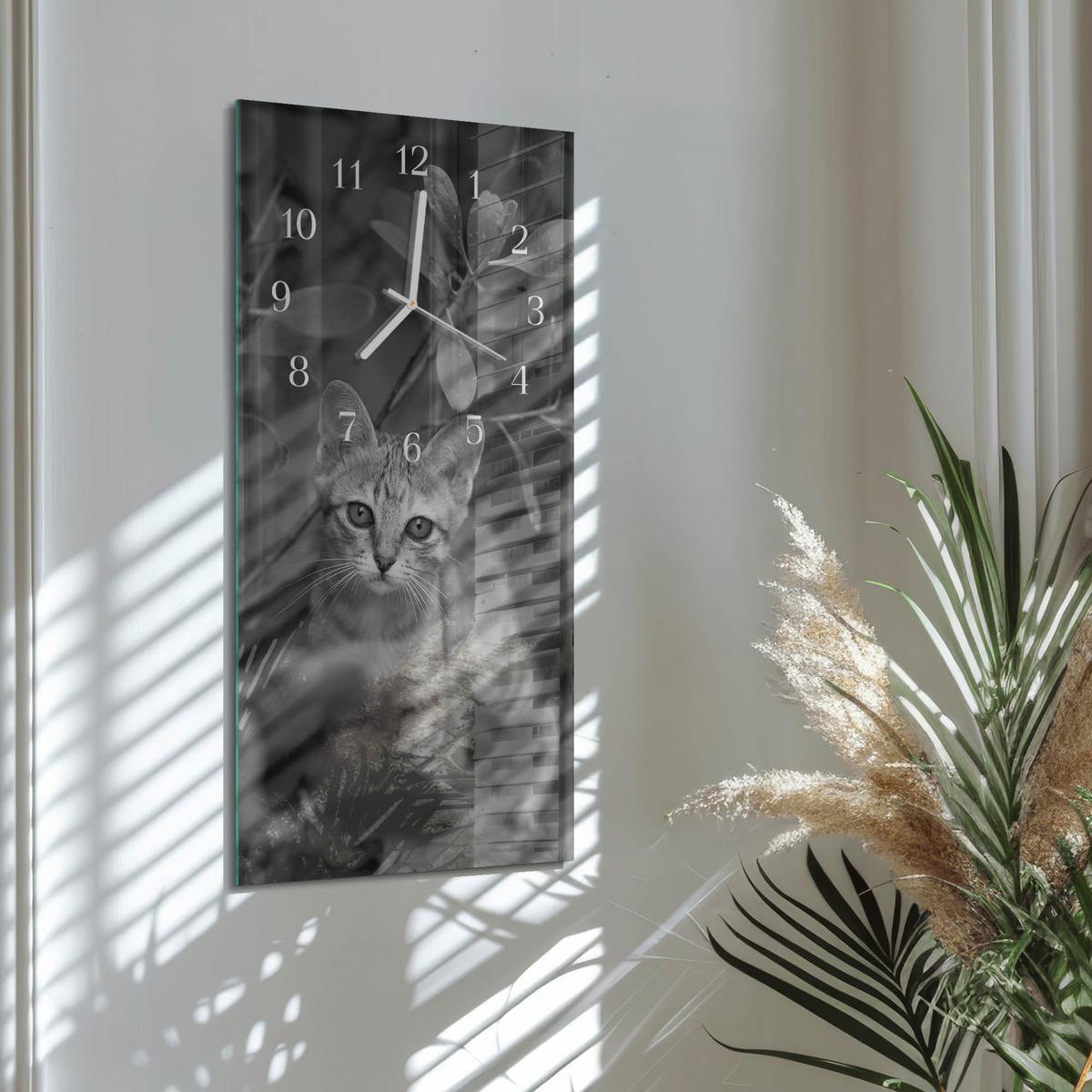 WANDUHR aus Glas 30x60 cm - Katze - Grau, Glas (30/60/0.4cm) - TULUP