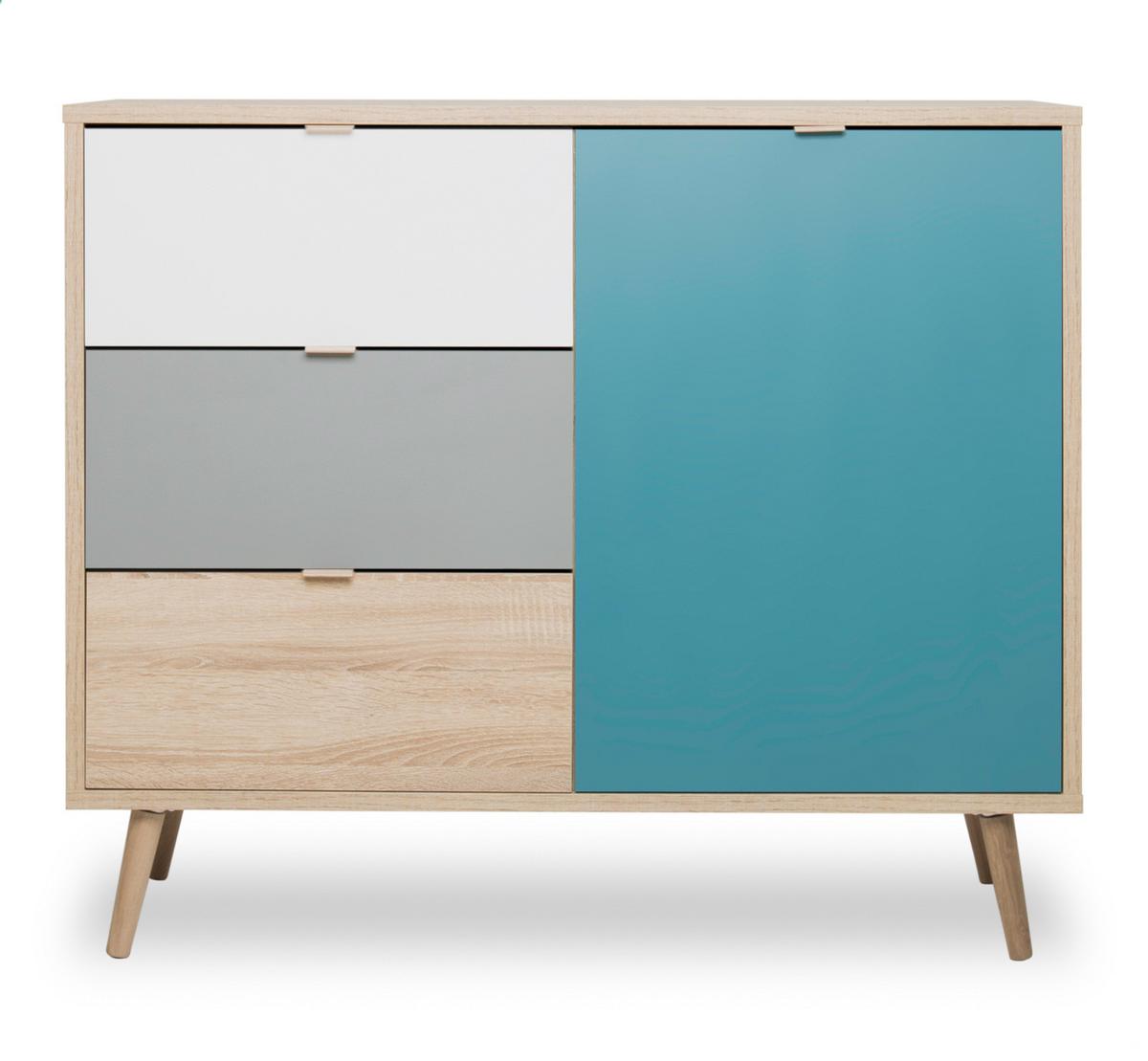 KOMMODE Eiche Sonoma, Petrol, weiß, grau, Anrichte Tricolor skandinavisch - Eichefarben/Petrol, Holz/Holzwerkstoff (103/87/40cm) - Furn.Design