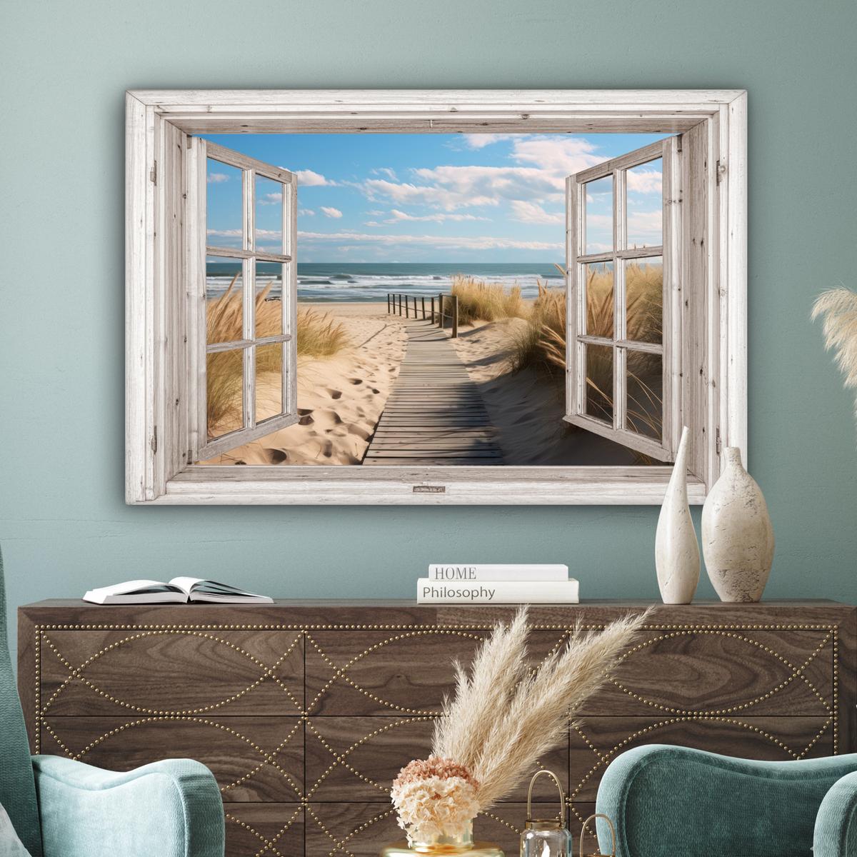 LEINWANDBILD Fenster - Meer - Küste - Natur - Ausblick - Strand - Wattenmeer Groß 140x90 cm - Beige, Textil (140/90cm) - MuchoWow