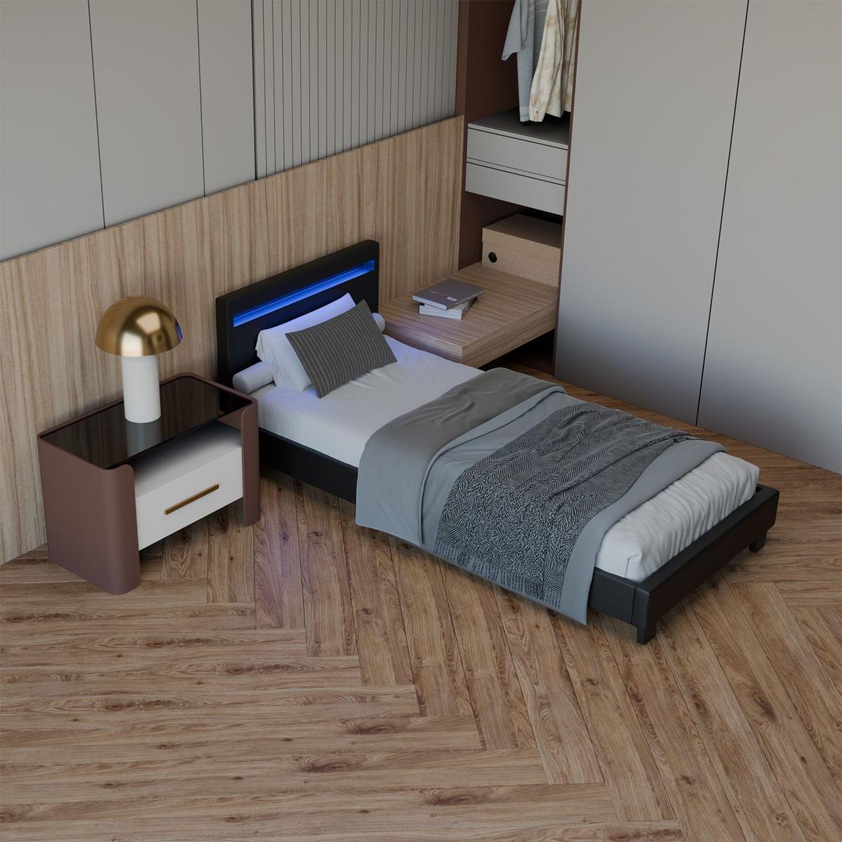 POLSTERBETT Paris mit Matratze und LED schwarz 90x200cm - Schwarz, Textil (90/200cm) - Juskys