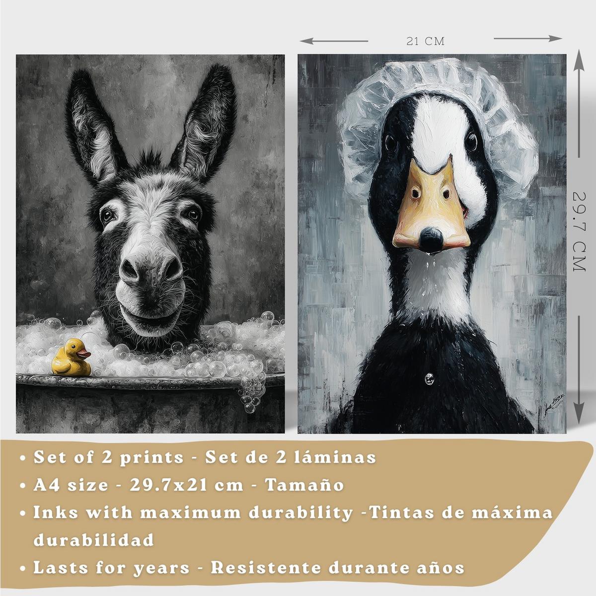 POSTER 2er-Set dekorative Badezimmer-Kunstdrucke, lustige für Wand, Waschbecken, Toilette und mit Tieren in der Badewanner, Stil Schwarzer Rahmen A4 - Schwarz, Papier (29.7/21/3cm) - Nacnic
