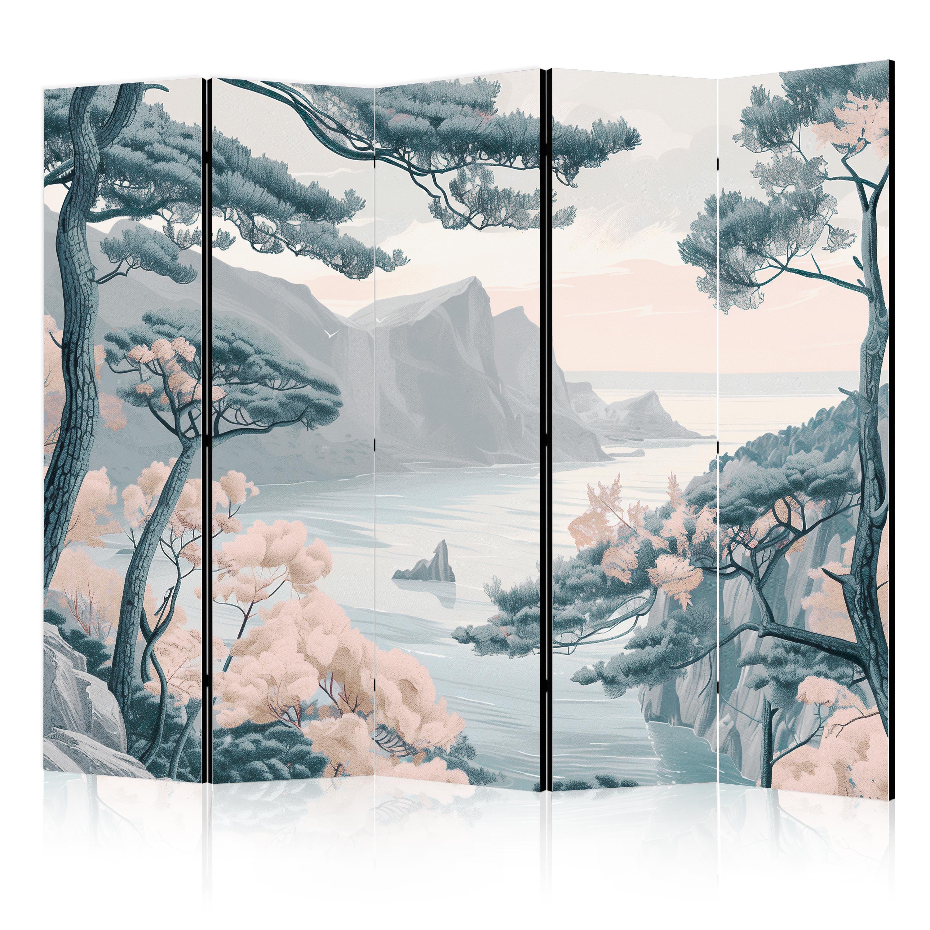 PARAVENT Beidseitig Bedruckter 5-tlg 225x172 cm Bergküste Landschaft - Grau, Holz/Textil (225/172/3cm) - Muralo