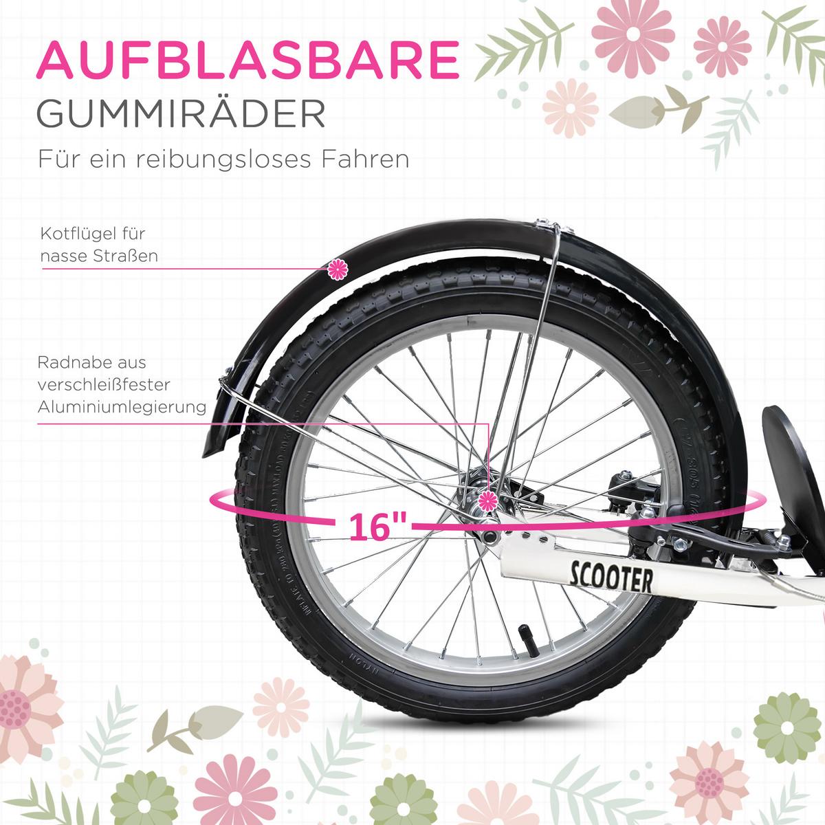 KINDERROLLER Scooter Tretroller mit Bremse Korb höhenverstellbar Gummi Rosa - Rosa, Metall (139/58/96cm) - HOMCOM