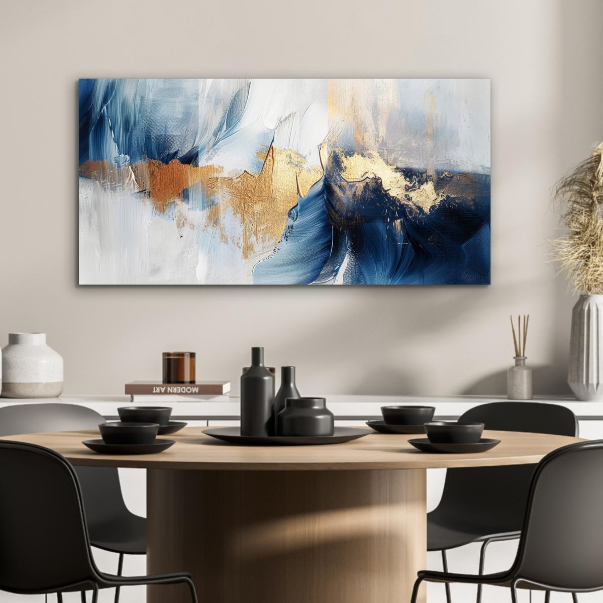 METALLBILD Gold - Blau - Aquarell - Kunst - Modern 80x40 cm - Hellblau, Metall (80/40cm) - MuchoWow