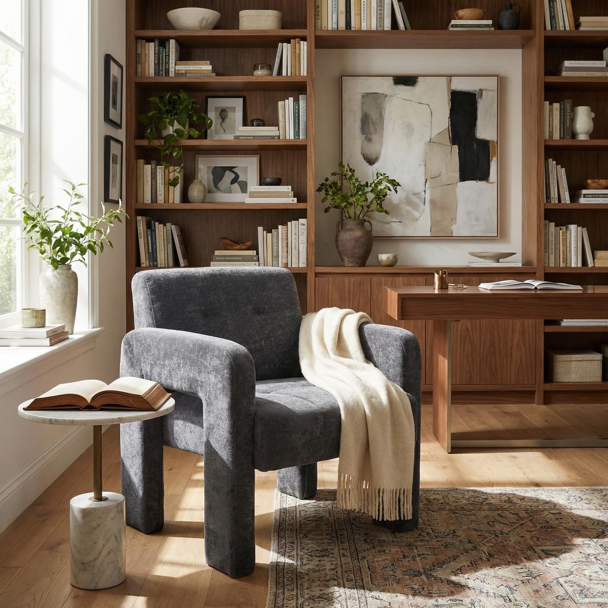 SESSEL Nordic Style aus Chenille mit ergonomischen Armlehnen - Grau, Textil (67/74/69cm) - Urban Meuble