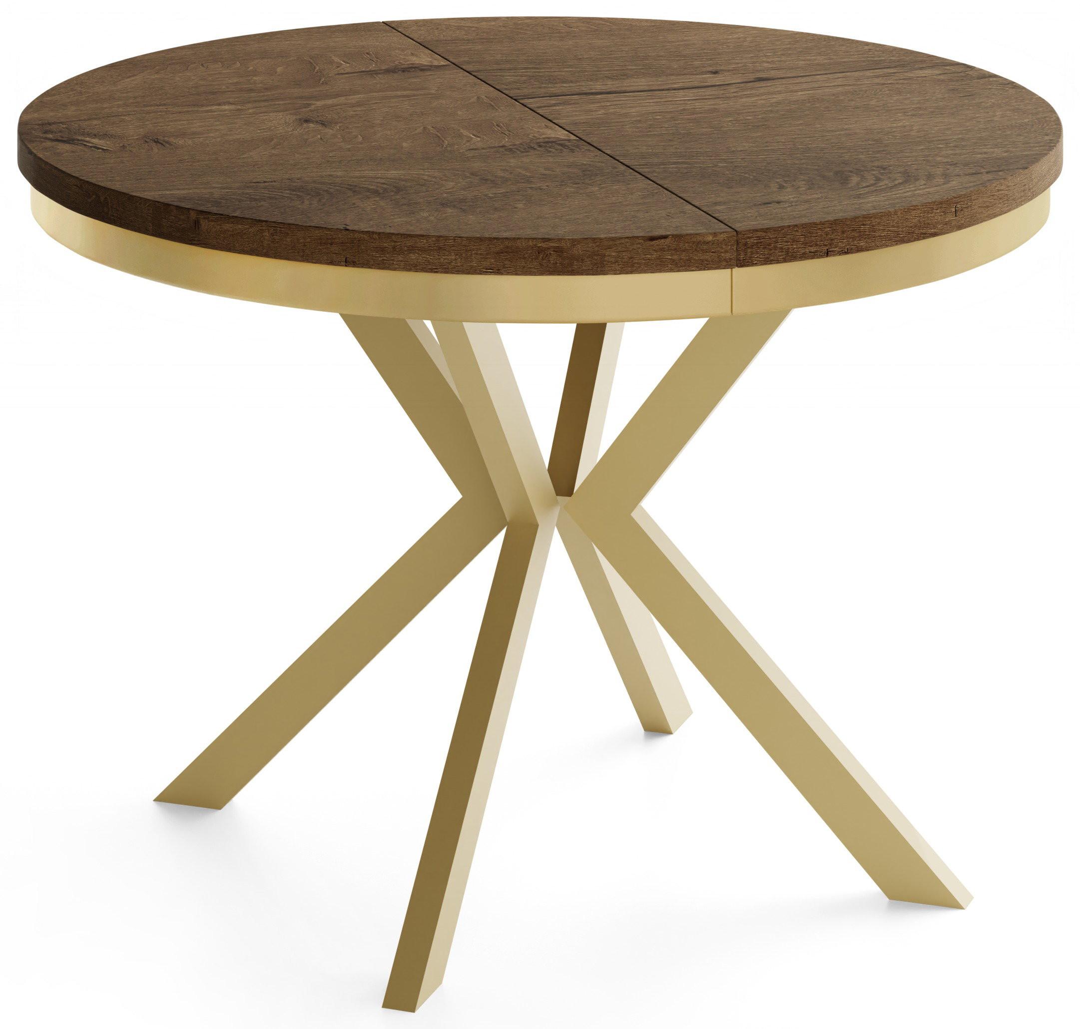 ESSTISCH Dina runder ausziehbarer, Lefkas Eiche 120-200/100/76 cm - Alteiche/Goldfarben, Holzwerkstoff/Metall (120/200/76cm) - WFL GROUP