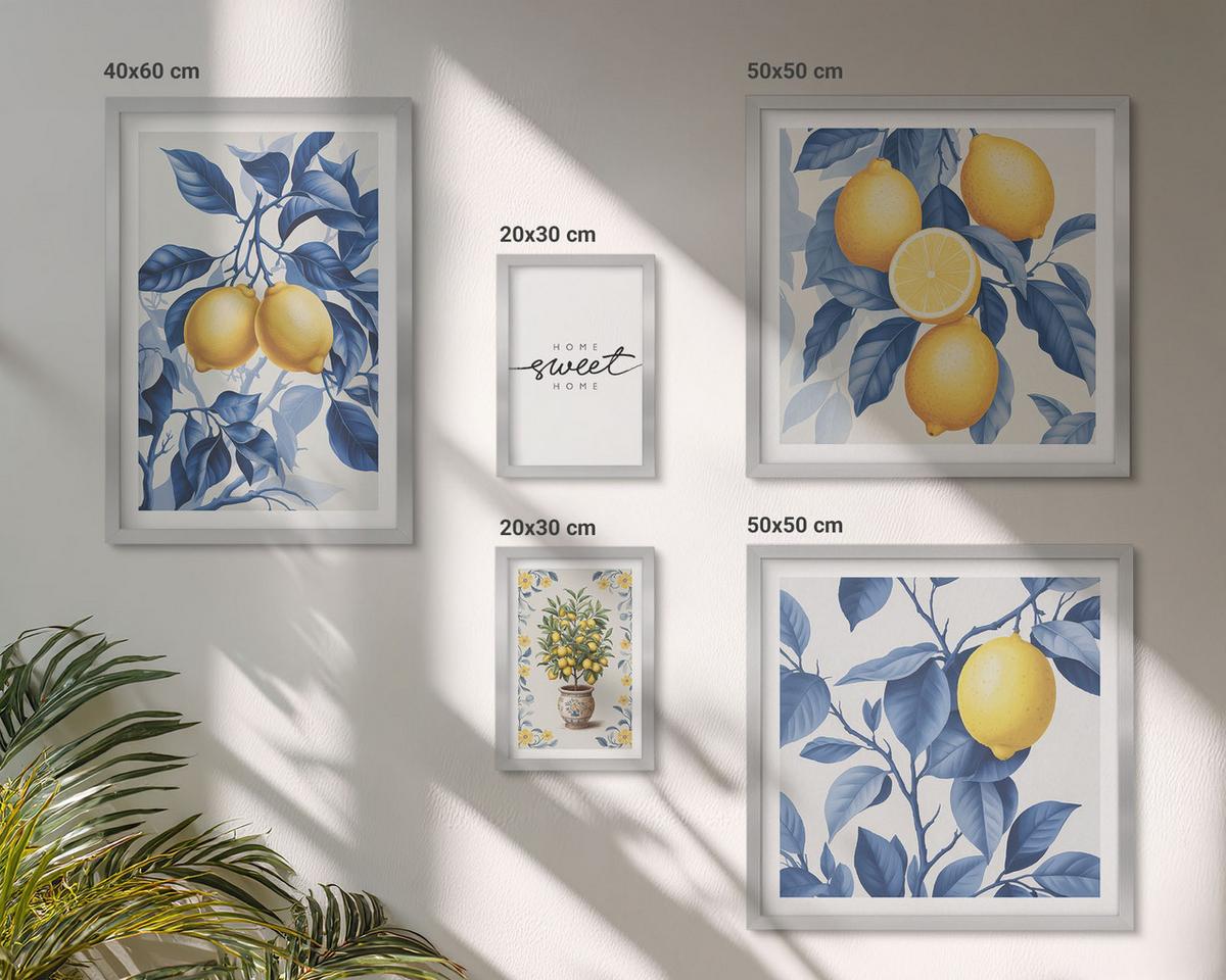 BILDER SET 5er Set - 50x50 cm & 20x30 cm & 40x60 cm Silberner Rahmen - Zitronenzweige mit blauen Blättern - Silberfarben, Kunststoff (40/60cm) - TULUP