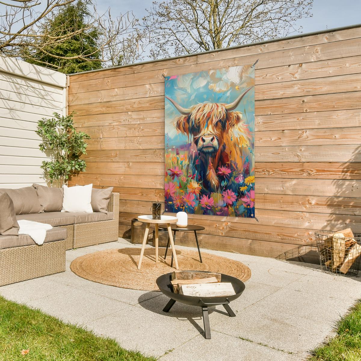 GARTENPOSTER Schottische Hochländer - Natur - Farbenfroh - Blumen Outdoor Bilder 80x120 cm - Hellblau, Kunststoff (80/120/0.2cm) - OnlyWow