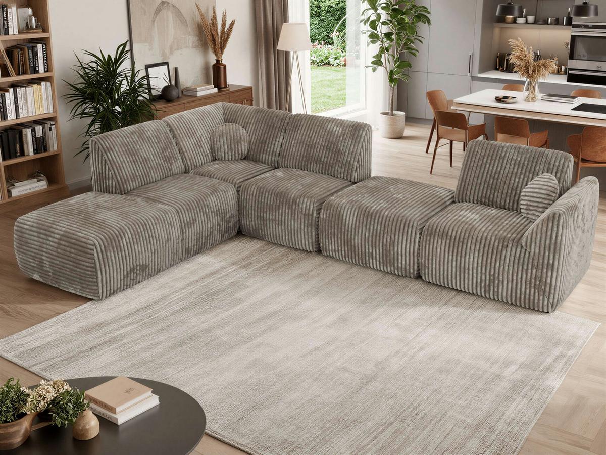 ECKSOFA NOARA 6M L Hellbraun Cord - Links - Hellbraun/Schwarz, Kunststoff/Textil (244/355cm) - MKS