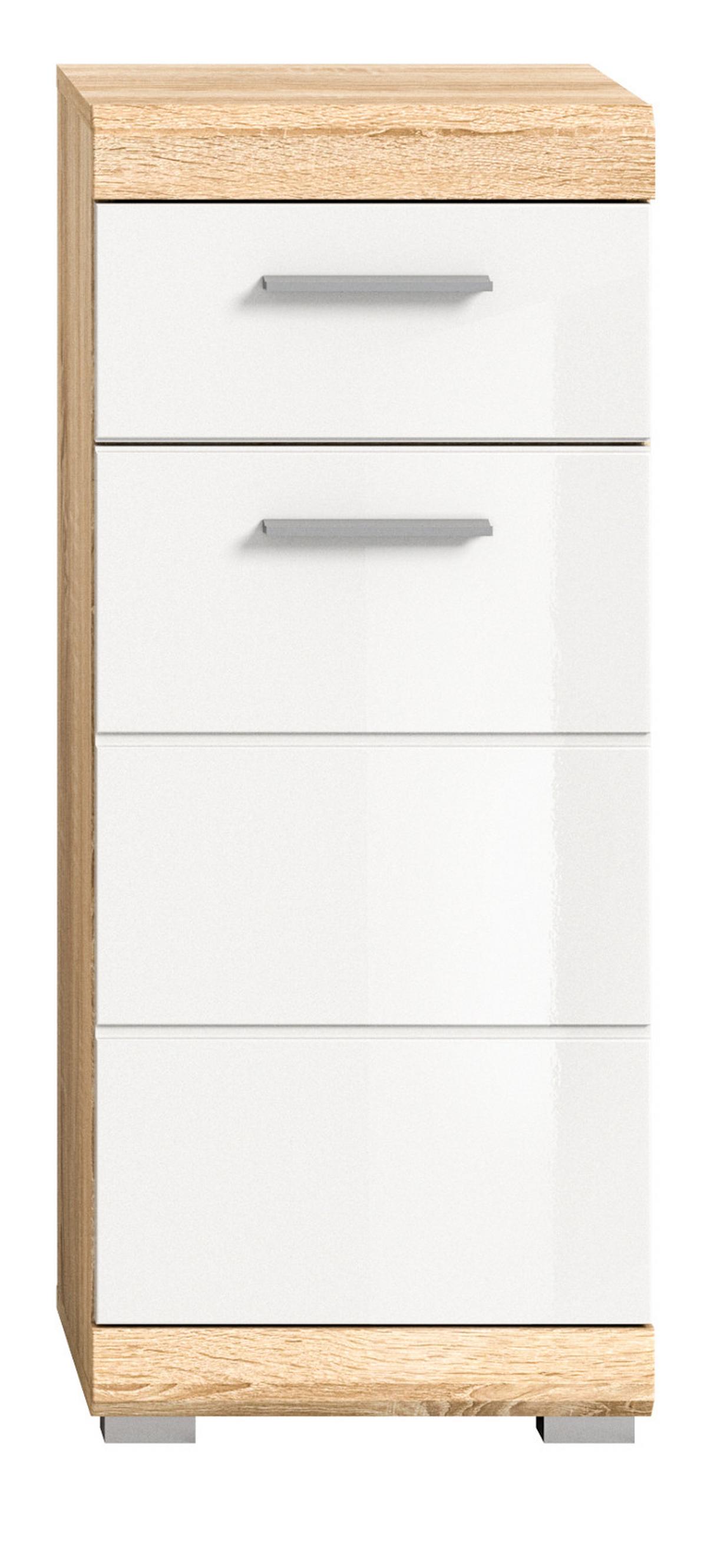 KOMMODE weiß Hochglanz, Eiche 37 x 88 cm Badschrank mit Vollauszug - Weiß Hochglanz/Eichefarben, Holzwerkstoff/Kunststoff (37/88/31cm) - Inn.Furn