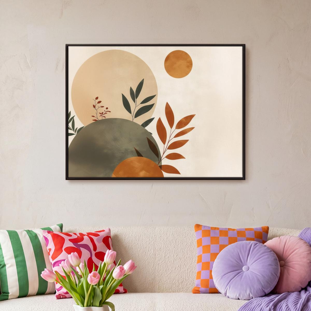LEINWAND Bilder mit Rahmen - Formen - Rund - Blätter - Beige - 70x50 - Rostfarben, Textil (70/50cm) - MuchoWow