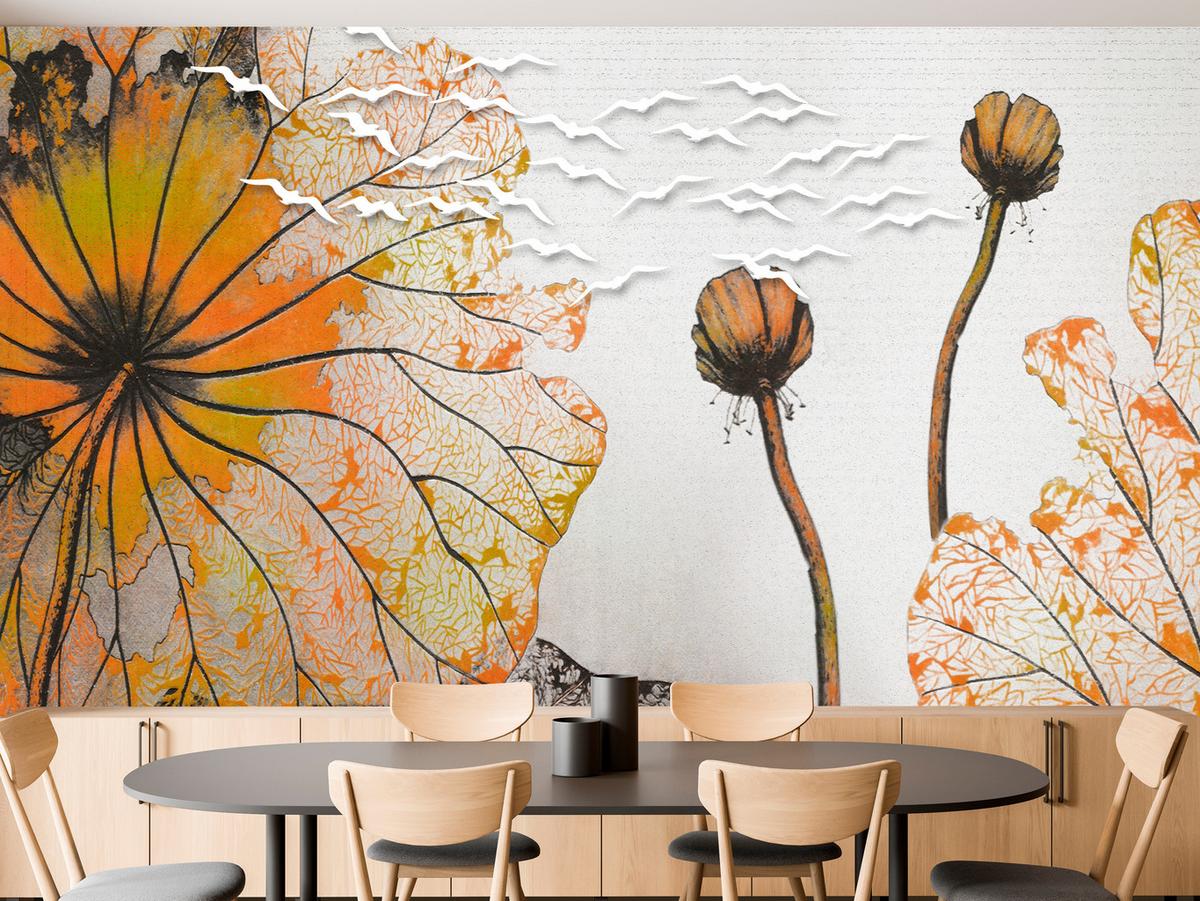 FOTOTAPETE für Esszimmer Große Abstrakte Orange Blumen Blätter 400x280 - Gelb/Orange, Papier (400/280cm) - Muralo