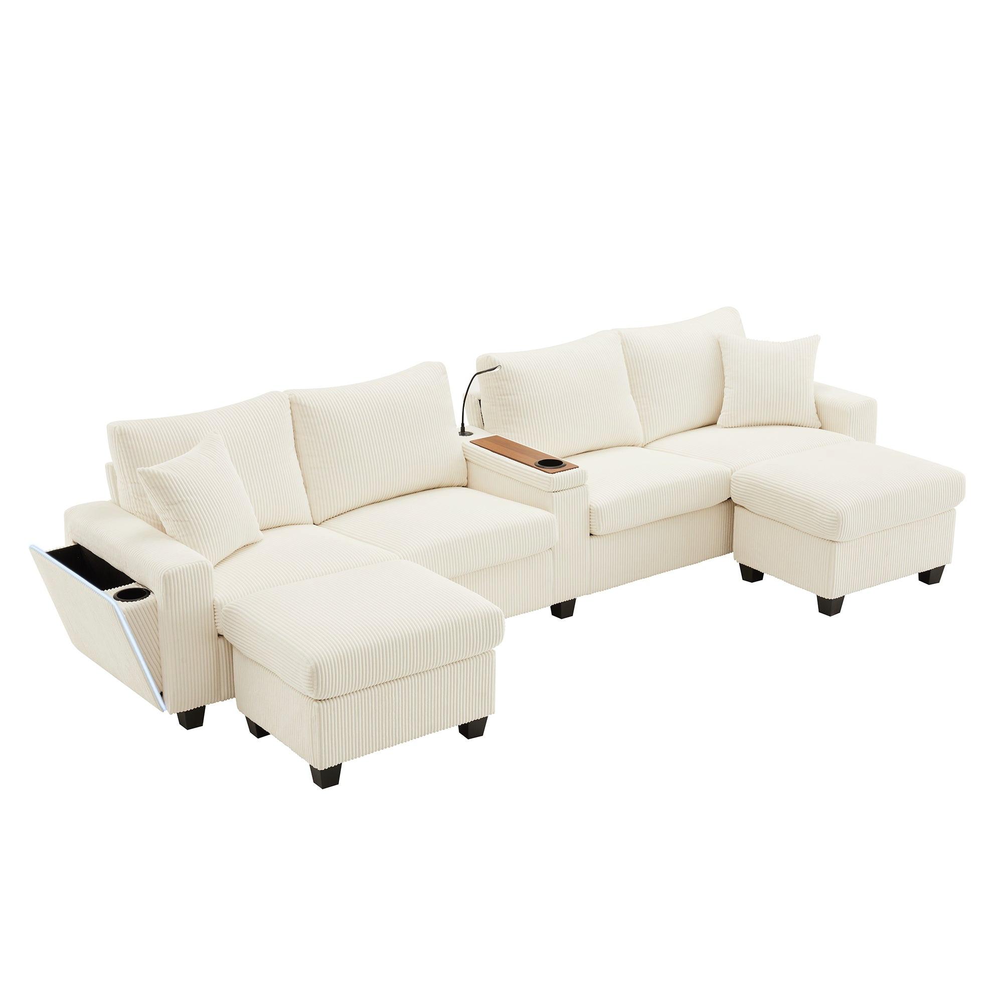 ECKSOFA aus Cord in Beige mit LED Beleuchtung & smarten USB-Anschlüssen - Beige, Textil (128/334cm) - Urban Meuble
