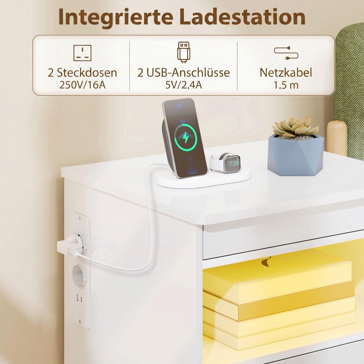 NACHTTISCH MDF Hochglanz-Weiß - Weiß Hochglanz, Holzwerkstoff/Metall (40/59/45cm) - HOMCOM