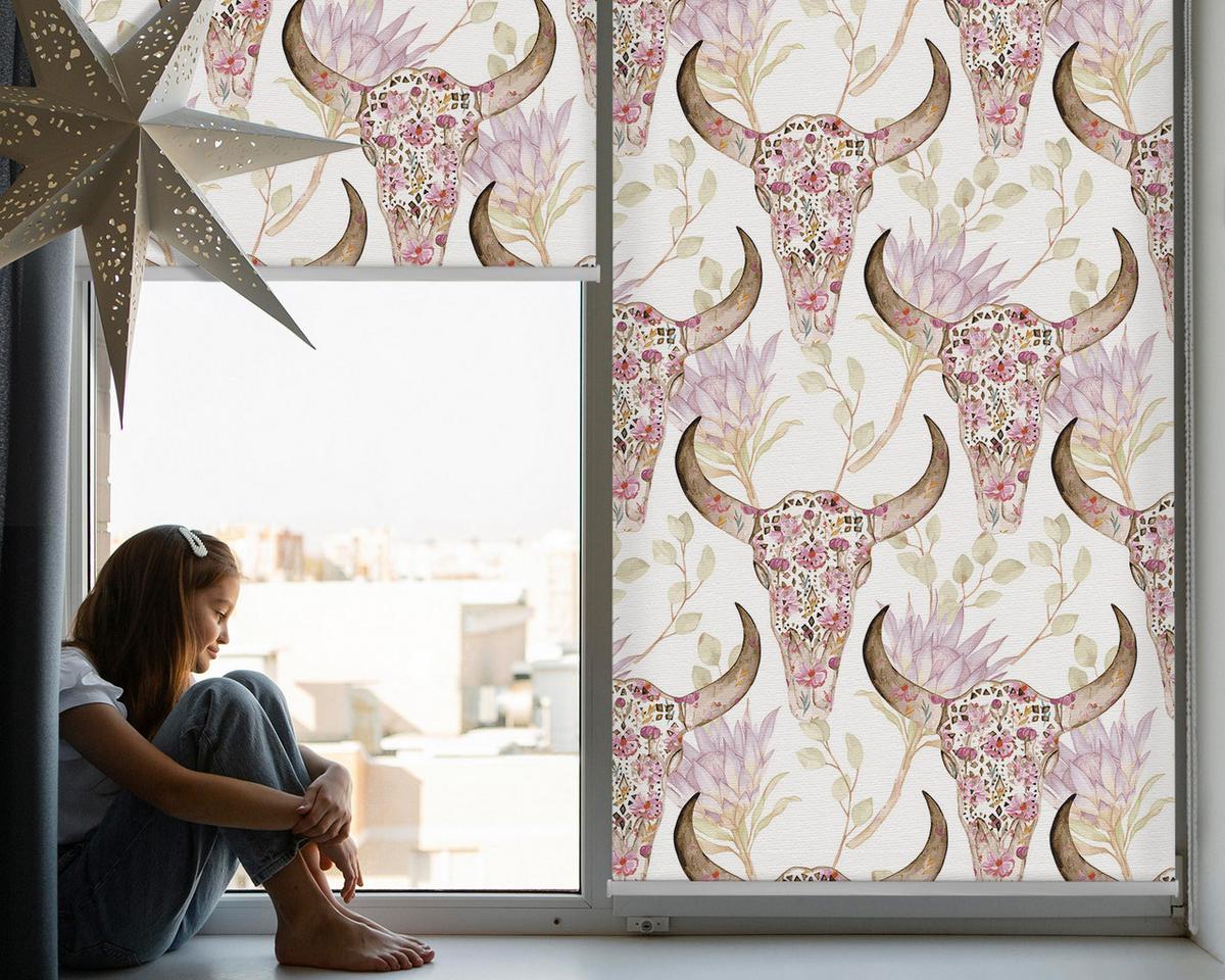 INNENROLLO - Fensterrollo - Rollo - 120x140 cm - Bunte Büffelköpfe - Pink, Kunststoff (120/140/0.5cm) - TULUP