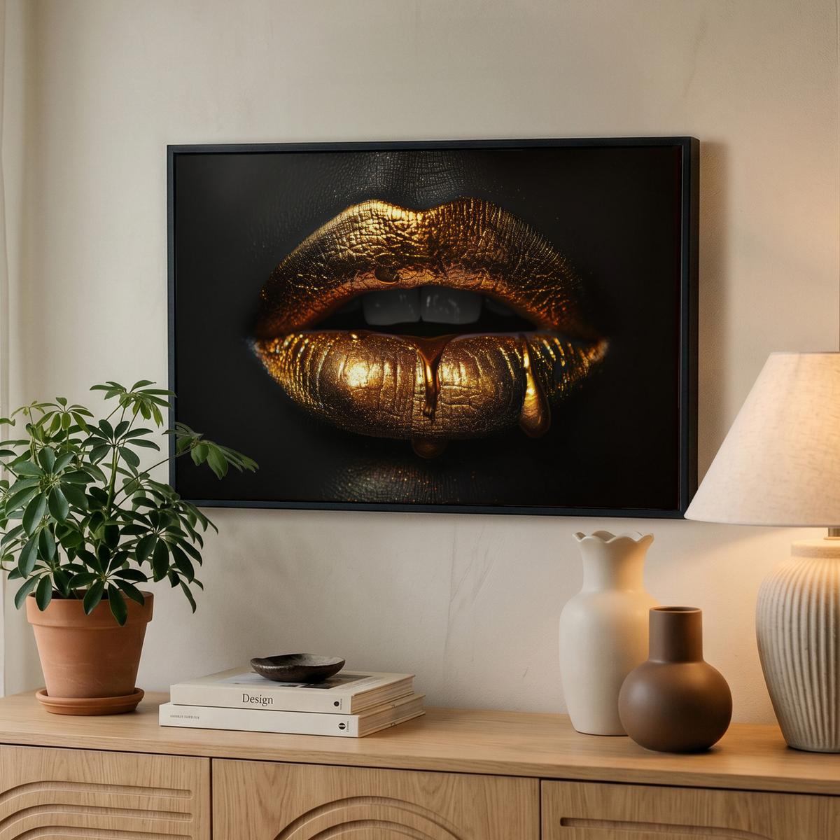 LEINWAND Bilder mit Rahmen - Frau - Porträt - Lippen - Gold - Schwarz - 60x40 - Schwarz, Textil (60/40cm) - MuchoWow
