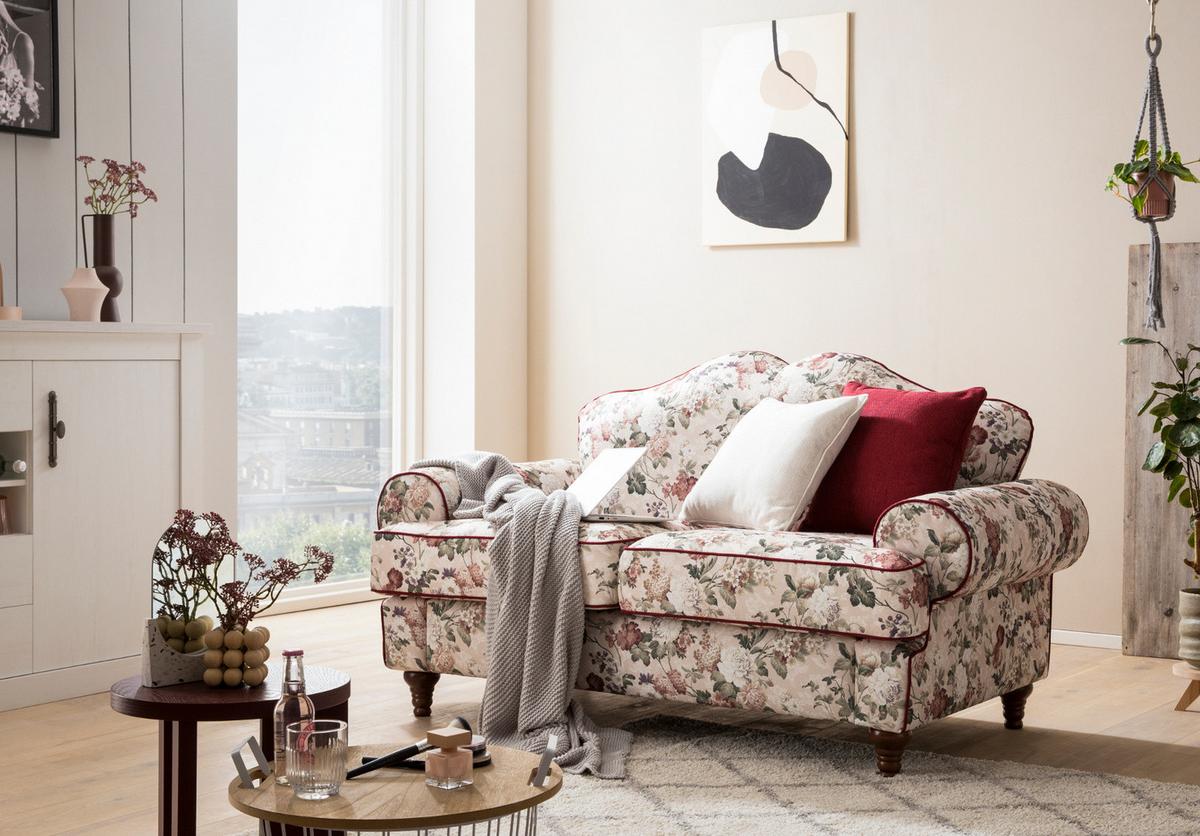 SOFA 2-SITZER creme Landhaus, Blumen Design, Couch 170 cm - Rot/Multicolor, Holz/Textil (110/96/90cm) - Furn.Design