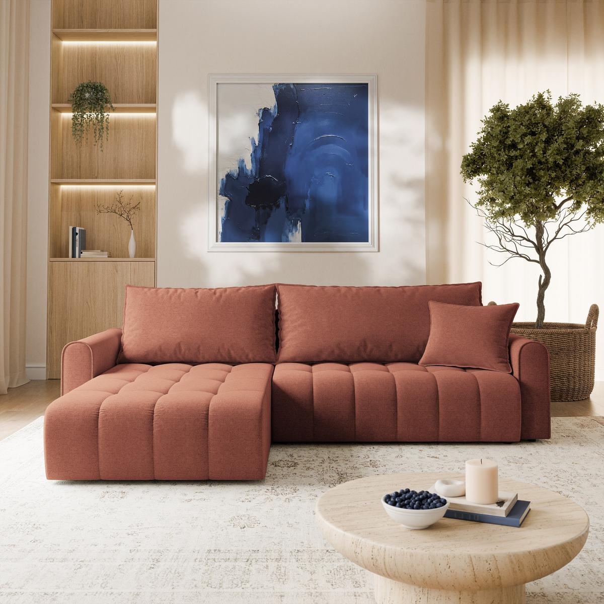 ECKSOFA FRIGA Orange Strukturstoff mit Schlaffunktion - Terracotta, Holz (283/185cm) - MASSENO