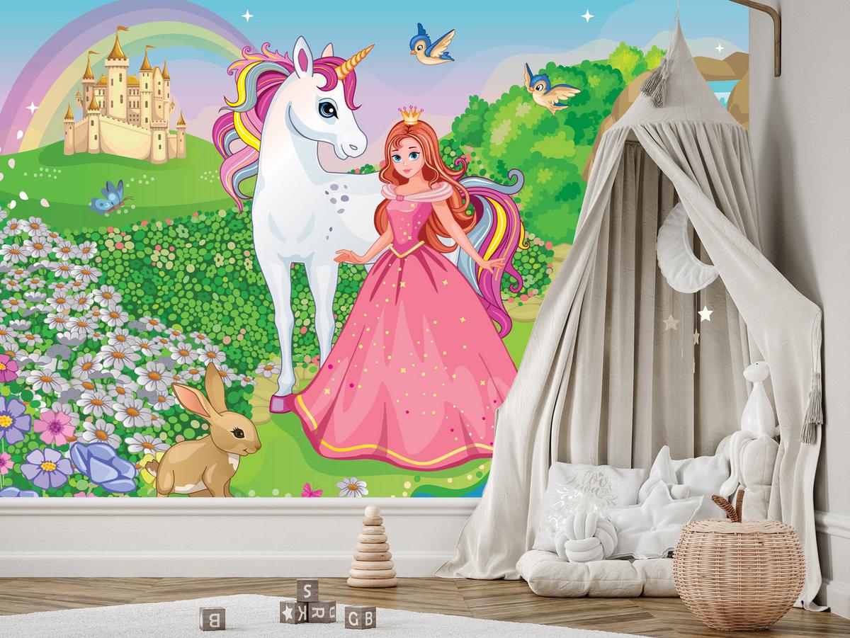 FOTOTAPETE für Kinderzimmer Prinzessin Einhorn Schloss Wasserfall Blumen 300x210 - Blau/Gelb, Papier (300/210cm) - Muralo