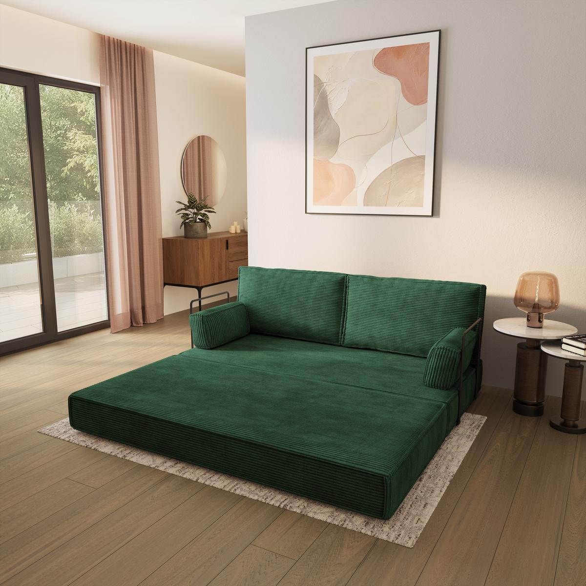 BETTSOFA SILAR aus Schaumstoff Kordstoff Grün Schlaffunktion - Grün, Textil (170/86/80cm) - MASSENO