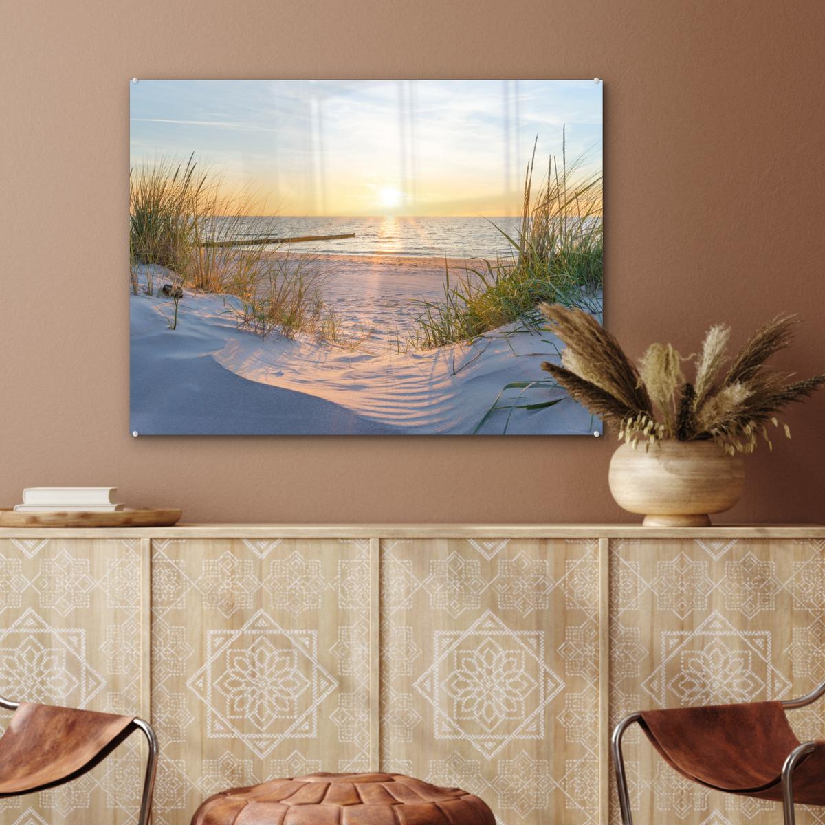 ACRYLGLASBILD Strand - Sonne - Düne - Gras - Sand - Horizont 80x60 cm - Hellblau, Glas (80/60cm) - MuchoWow