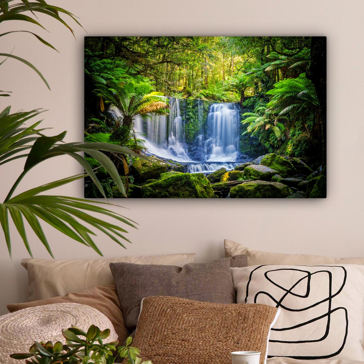 LEINWANDBILD Dschungel - Wasserfall - Australien - Pflanzen - Natur Gemälde 60x40 cm - Dunkelgrün, Textil (60/40cm) - MuchoWow