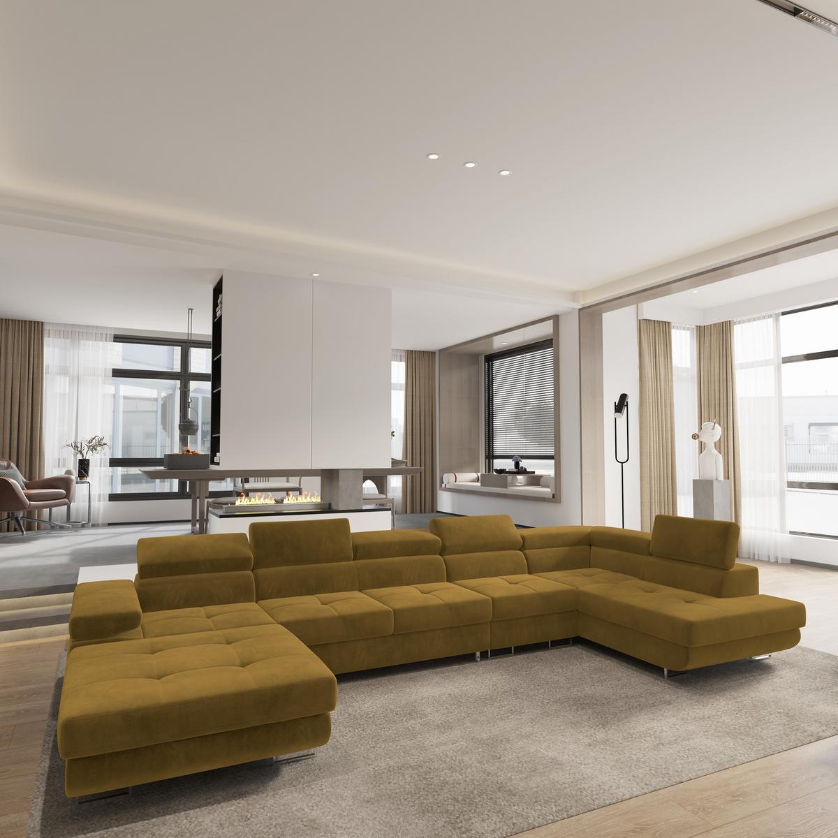 WOHNLANDSCHAFT VELORA R-S Gelb Velours-Stoff mit Schlaffunktion - Gelb, Holz (419/90/202cm) - MASSENO