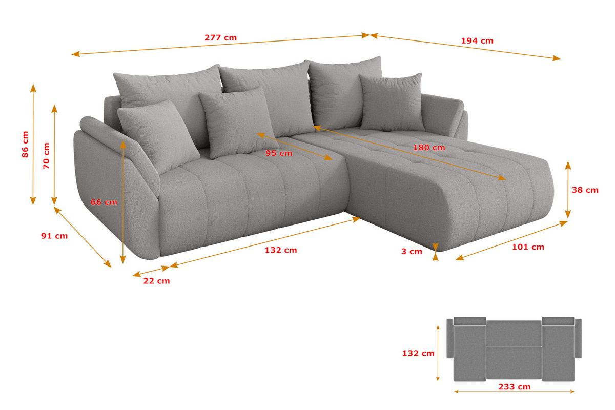 ECKSOFA mit Schlaffunktion Ottomane Rechts TOKO-L 277x194x86 Hellgrau Bouclé - Silberfarben/Hellgrau, Holzwerkstoff/Kunststoff (277/194cm) - ALTDECOR