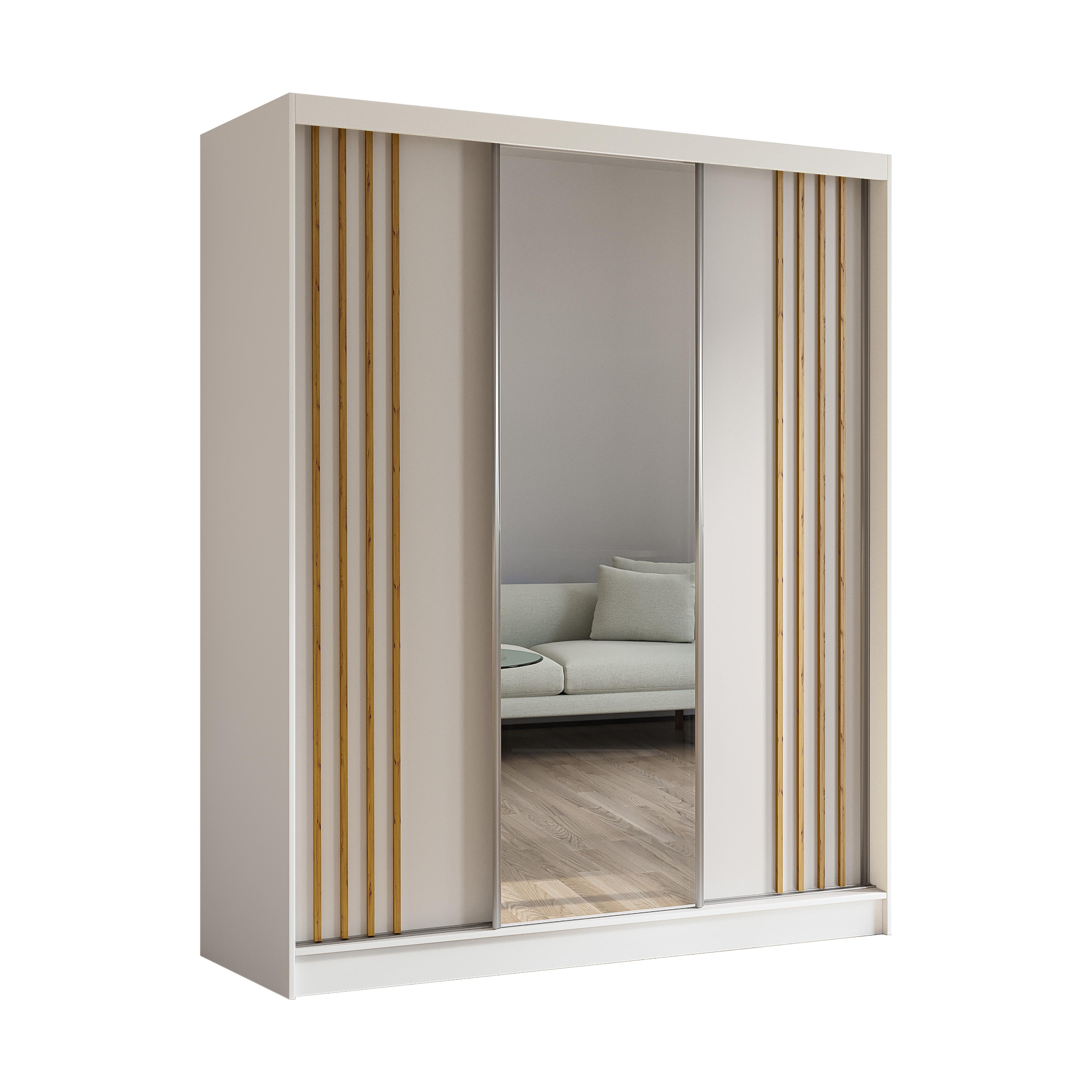 KLEIDERSCHRANK mit Spiegel-Schiebetüren und Aluminium-Leisten, LED-Beleuchtung - NALLA - 180 cm Weiß+Weiß+Artisan - Weiß/Eiche Artisan, Holzwerkstoff (180/216/61cm) - ALTDECOR