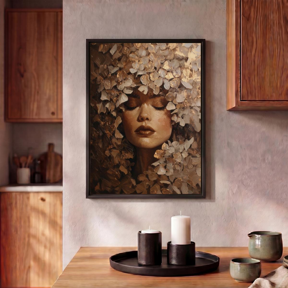 LEINWAND Bilder mit Rahmen - Gesicht - Dame - Blätter - Pinselstriche - 30x40 - Goldfarben, Textil (30/40cm) - MuchoWow