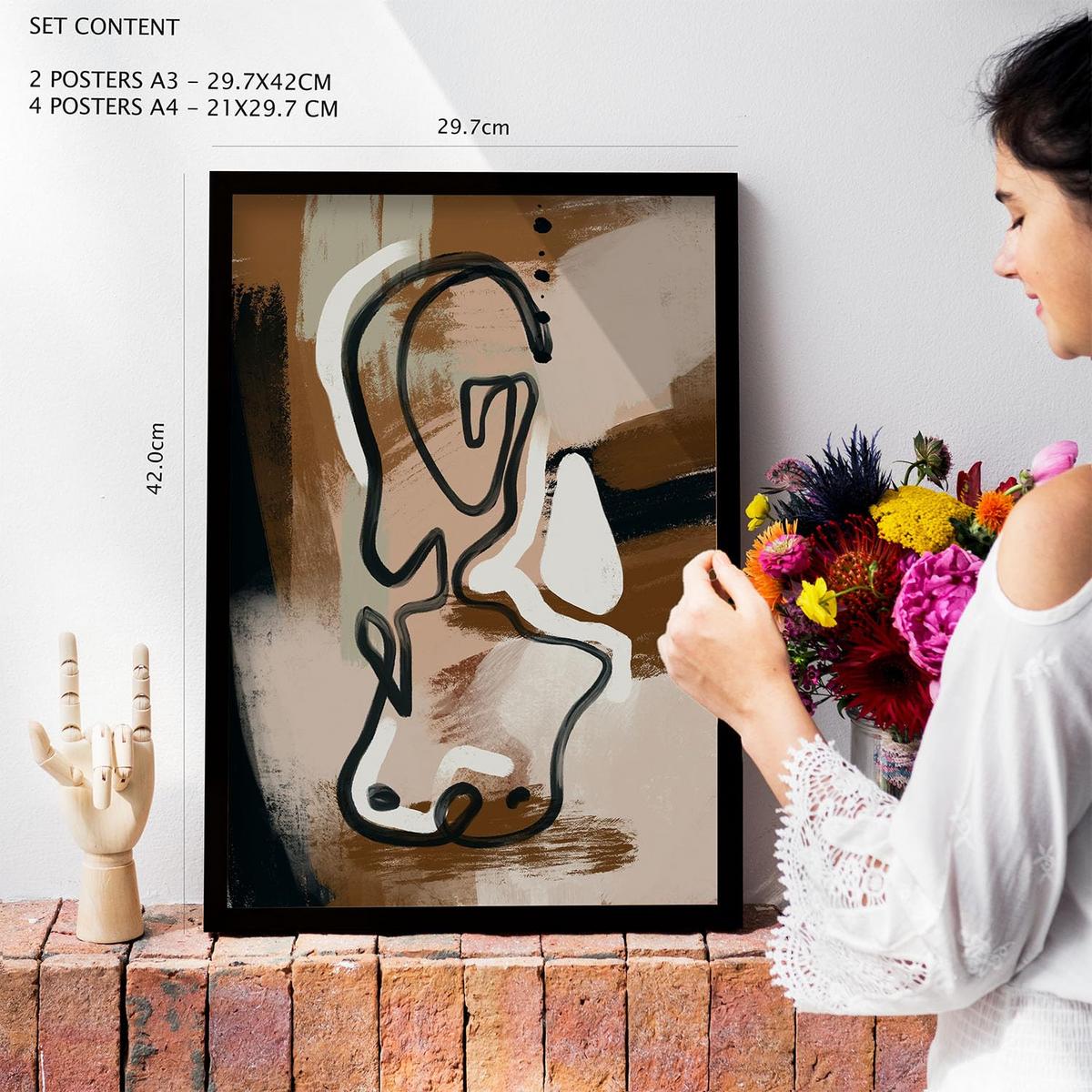 POSTER Set Mit 6 Nachkommenskunst In Weibliche Zusammenfassung Ästhetische Dekorative Gemälde Für Ihr Zuhause A3 & A4 Rahmen Aus Hellem Holz - Beige, Papier (29/3cm) - Nacnic