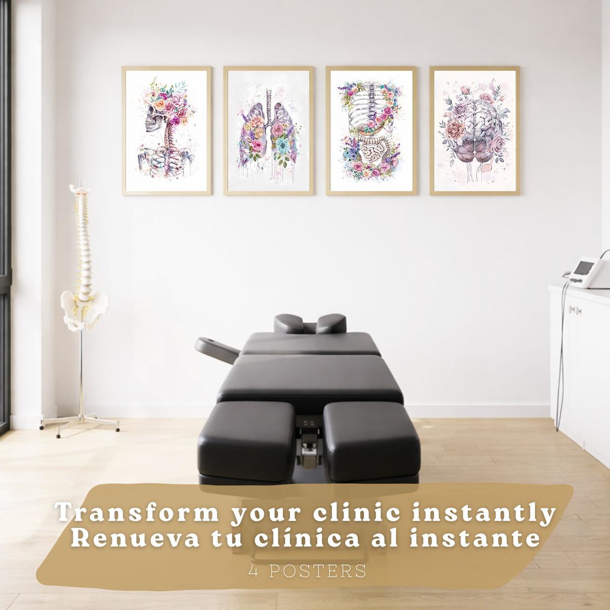 POSTER Set aus 4 Anatomie Mensch Drucke und mit Schädel Lungen Verdauungssystem und Gehirn Florales Aquarell Design Größe Leichter Holzrahmen A4 - Beige, Papier (21/29.7/3cm) - Nacnic