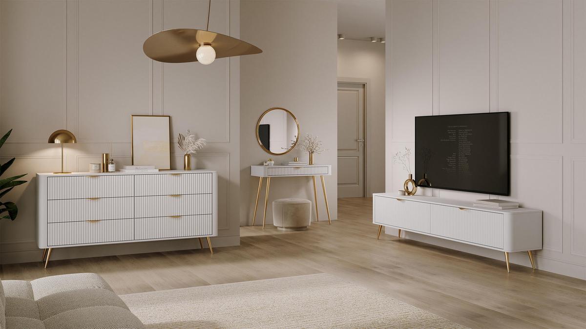 KONSOLENTISCH Vespasia 1S Beige 100,2/78/38 cm – Geriffelte Fronten - Goldfarben/Weiß, Holzwerkstoff/Metall (38/100.2/78cm) - AX Living