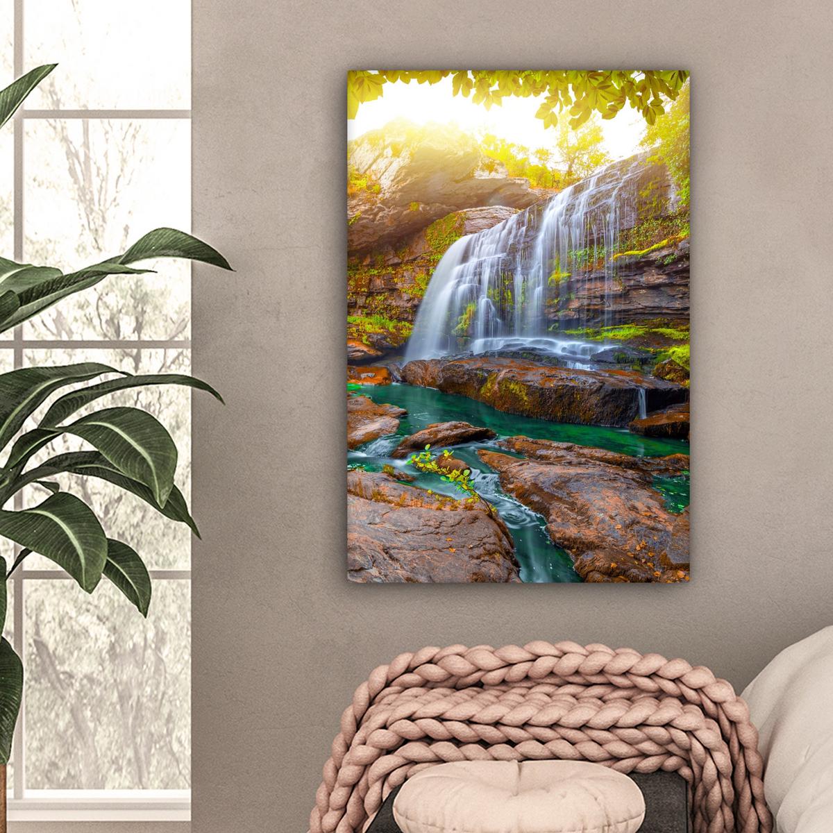 LEINWANDBILD Natur - Wasserfall - Pflanzen - Bäume - Sonne Wanddeko 40x60 cm - Olivgrün, Textil (40/60cm) - MuchoWow