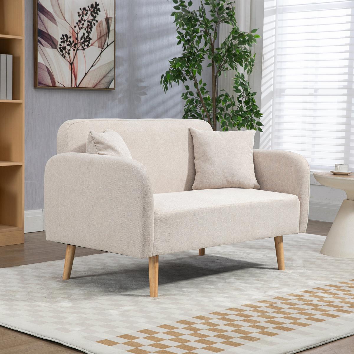2 Sitzer Sofa, Couch mit 2 Wurfkissen, gepolsterter Doppelsofa mit Samtopik - Creme, Holz (70/80/130cm) - HOMCOM