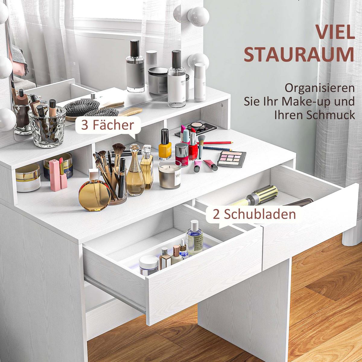 SCHMINKTISCH mit LED-Beleuchtung Frisiertisch mit Spiegel einstellbar Helligkeit - Weiß, Holzwerkstoff (40/135/80cm) - HOMCOM