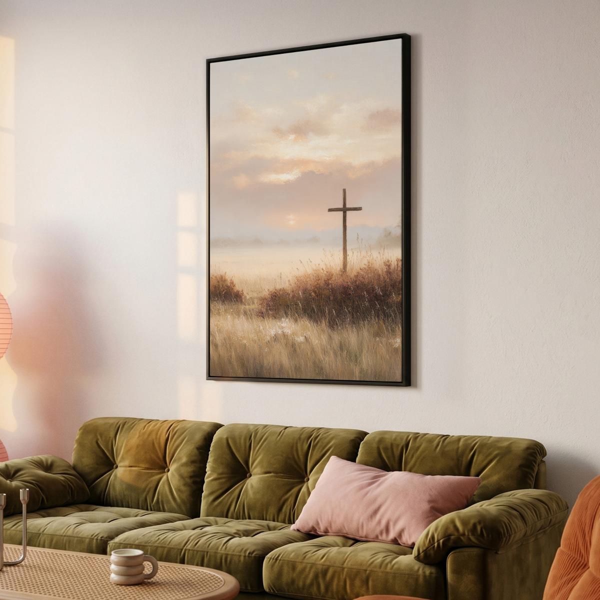 LEINWAND Bilder mit Rahmen - Gras - Morgennebel - Kreuz - Christentum - 80x120 - Beige, Textil (80/120cm) - MuchoWow