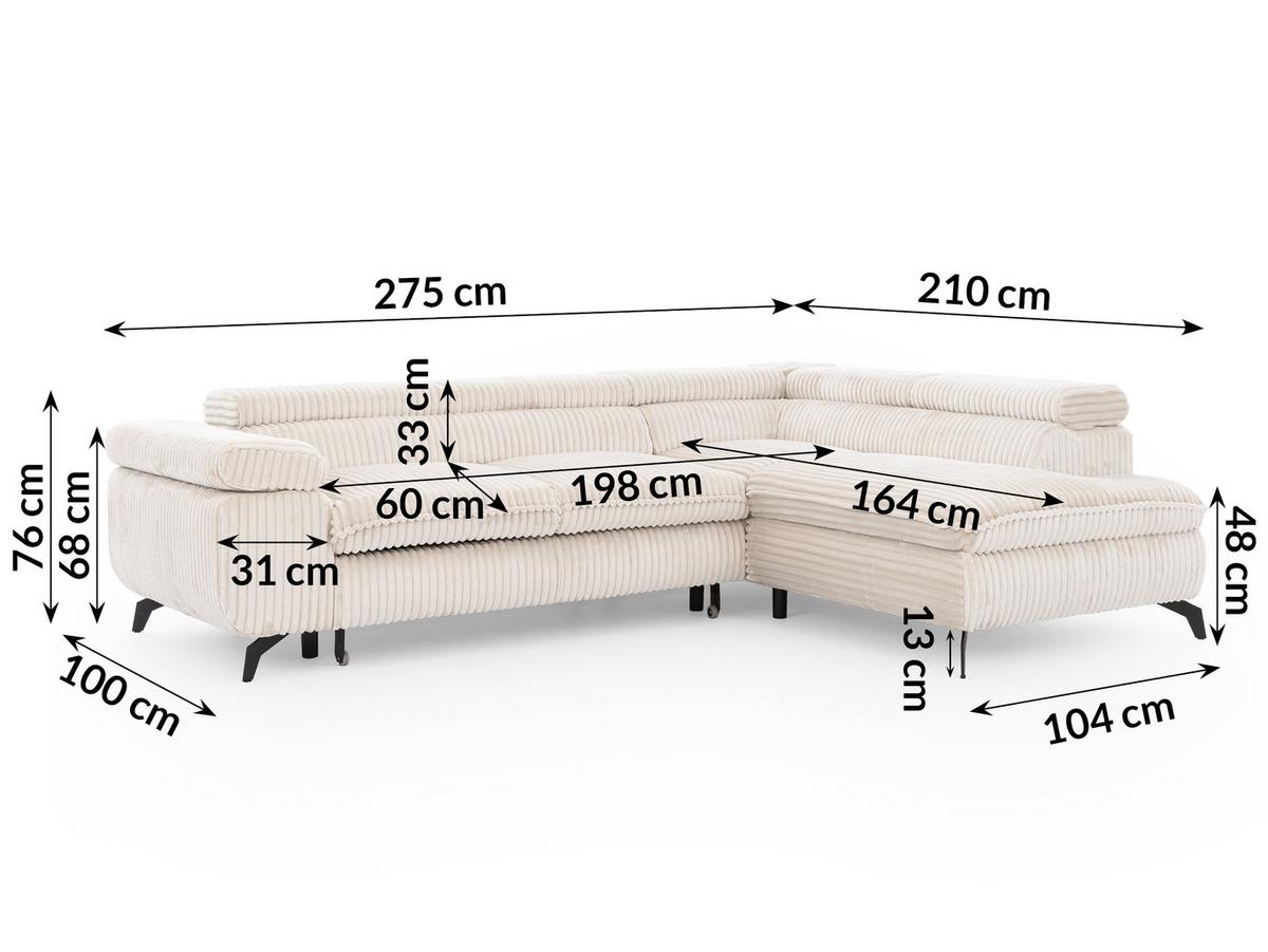 ECKSOFA mit Schlaffunktion und Bettkasten Bonnie aus Creme Cord-Stoff mit verstellbaren Kopfstützen und Armlehne - Ottomane rechts - Creme/Schwarz, Holz/Textil (275/210cm) - S-Style