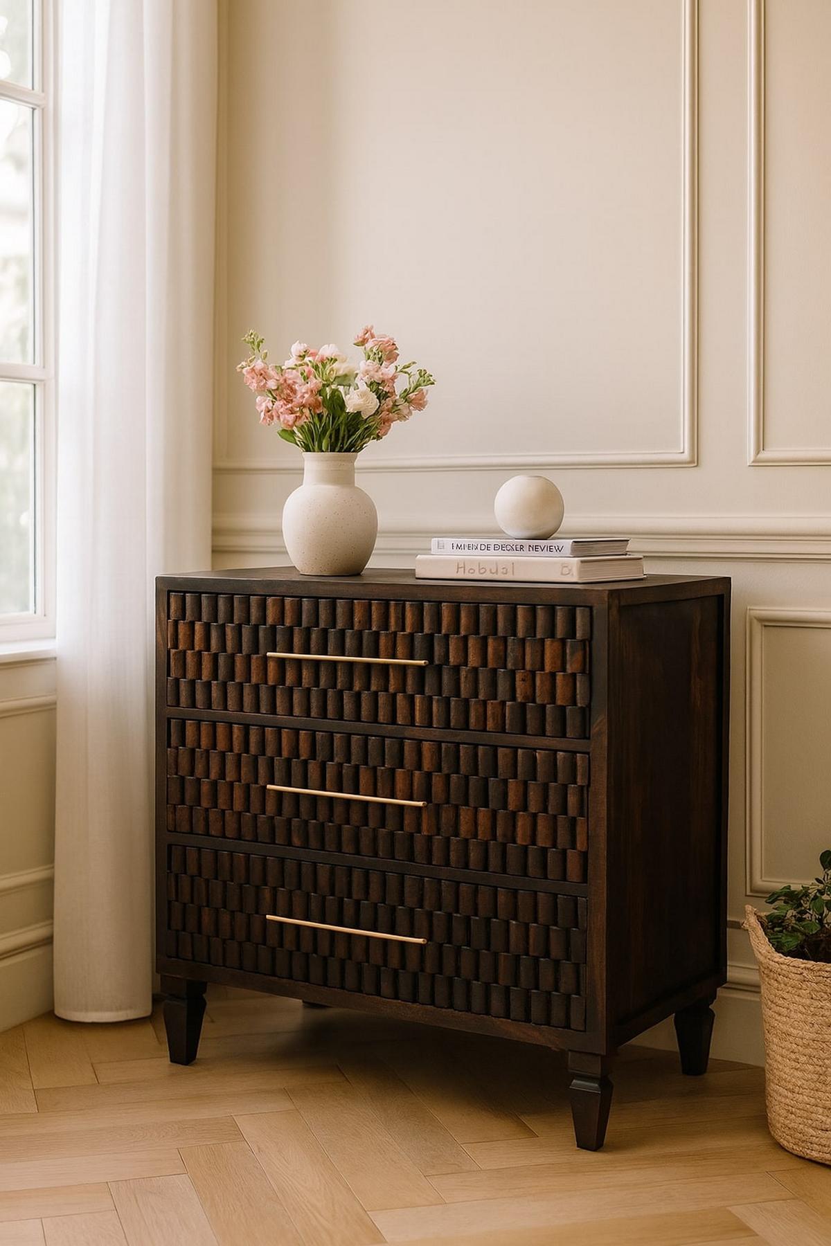 KOMMODE Rich-Velvet-Mocha-Finish, 3 Schubladen, Dunkelbraun - Dunkelbraun, Holz/Metall (35/87/83cm) - Artisan Furniture