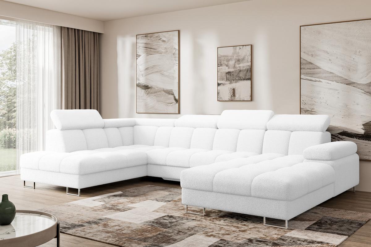 WOHNLANDSCHAFT mit Schlaffunktion und Bettkasten Ottomane Links COMA U 345x203x79 Weiß Bouclé - Weiß, Holzwerkstoff/Textil (345/79/203cm) - ALTDECOR