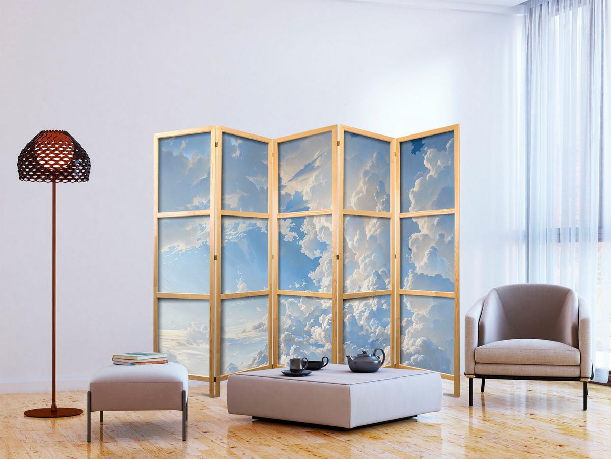 PARAVENT Japanischer 5-tlg 225x172 cm Wolken - Blau, Holz/Textil (225/172/3cm) - Muralo