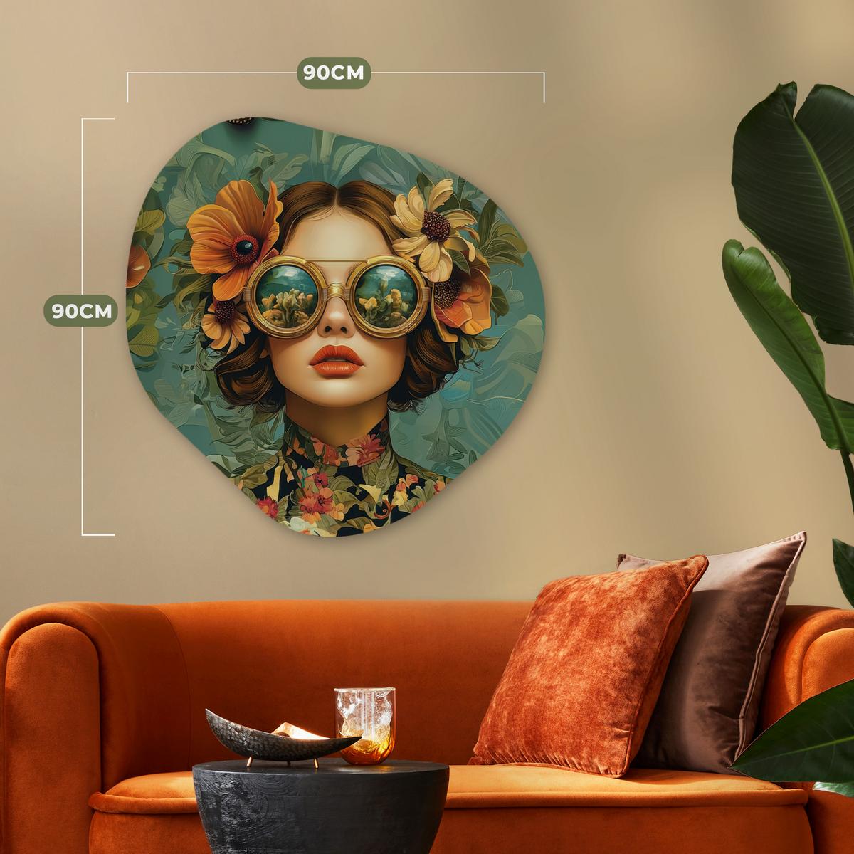WANDBILD Frau - Blumen - Schmetterlinge - Natur - Vintage Room Decor 90x90 cm - Petrol, Kunststoff (90/90cm) - MuchoWow