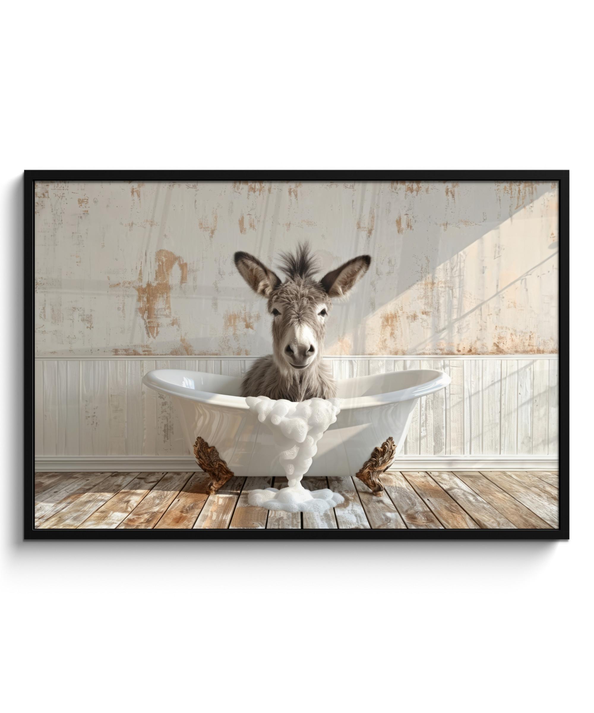 POSTER MIT RAHMEN Esel - Tiere - Badewanne - Schaumstoff 120x80 cm - Weiß, Papier (120/80cm) - MuchoWow