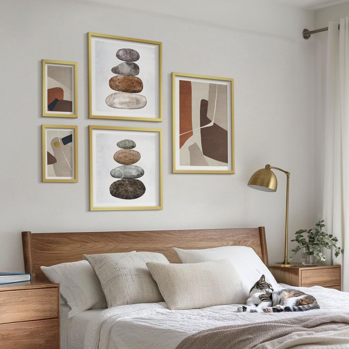 BILDER SET 5er Set - 50x50 cm & 20x30 cm & 40x60 cm Goldrahmen - Abstrakte Boho-Formen - Goldfarben, Kunststoff (40/60cm) - TULUP