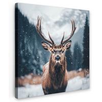 LEINWANDBILD Hirsche - Tiere - Landschaft - Winter - Schnee Deko Groß 90x90 cm - Kastanienfarben, Textil (90/90cm) - MuchoWow